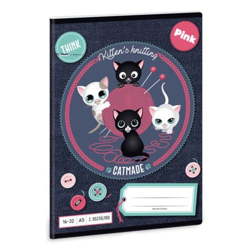 Állatos Cicás/Think Pink 2. osztályos vonalas füzet, A5/16-32 - Ars Una