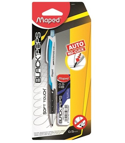 MAPED "Black Peps" Nyomósirón/Töltőceruza ajándék grafitbéllel és pótradírral, KÉK (0,5 mm)