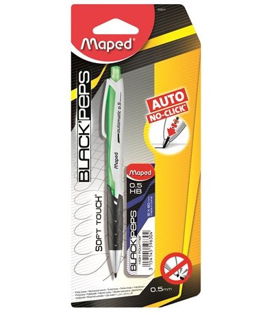 MAPED "Black Peps" Nyomósirón/Töltőceruza ajándék grafitbéllel és pótradírral, Neon (0,5 mm)