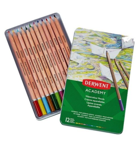 Akvarell színesceruza készlet, DERWENT "Academy", fém doboz, 12 szín