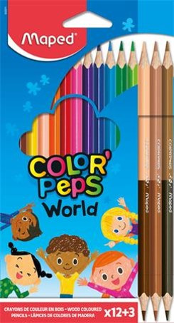 MAPED "Color'Peps World" színes ceruza készlet, 12 + 3 kétvégű bőrszínű